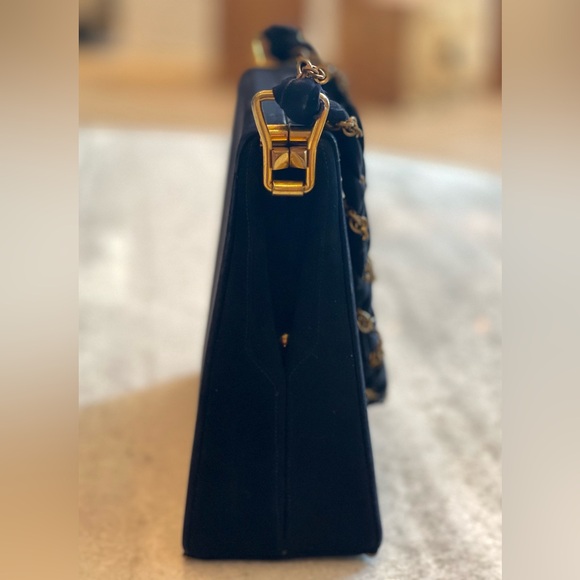 VTG Satchel Black velvety suede Custom Made by Calem Gold Chain Accent Handbag - Picture 8 of 13